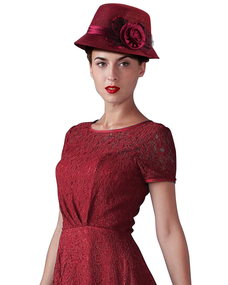 CROWN GUIDE 1920s Gatsby Church Cloche Derby Hats for Women Ladies Bow Bucket Wedding Bowler Hats Tea Party Red - Image 3