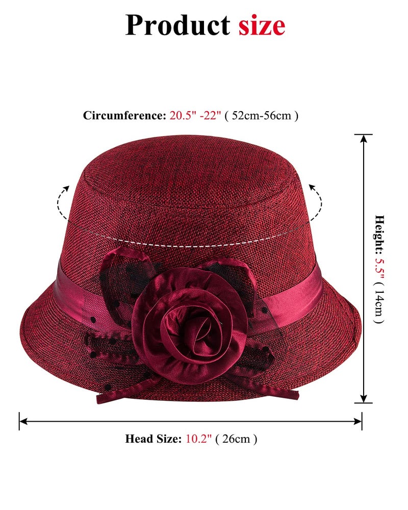CROWN GUIDE 1920s Gatsby Church Cloche Derby Hats for Women Ladies Bow Bucket Wedding Bowler Hats Tea Party Red - Image 5