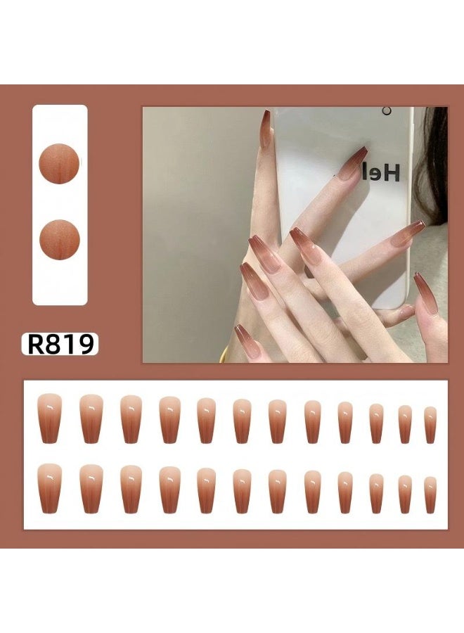 24Pcs Nude Brown Gradient Press On Nails, Long Coffin Fake Nails, Reusable False Nails for Women