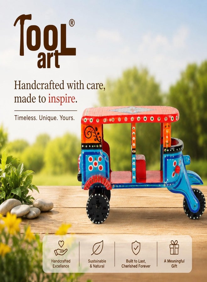 Toolart® Wooden Handcrafted Hand-Painted Auto Rickshaw Toy for Kids | Traditional Push & Pull Wooden Toy Showpiece | Best Birthday Return Gift (Small_Auto_Parent) (09) - Image 3