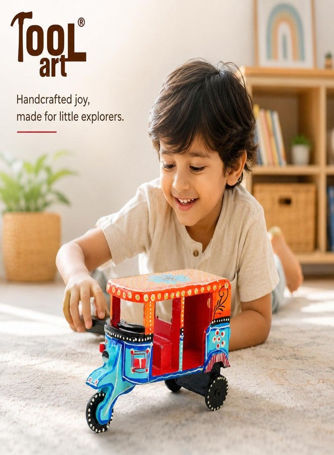 Toolart® Wooden Handcrafted Hand-Painted Auto Rickshaw Toy for Kids | Traditional Push & Pull Wooden Toy Showpiece | Best Birthday Return Gift (Small_Auto_Parent) (09) - Image 4