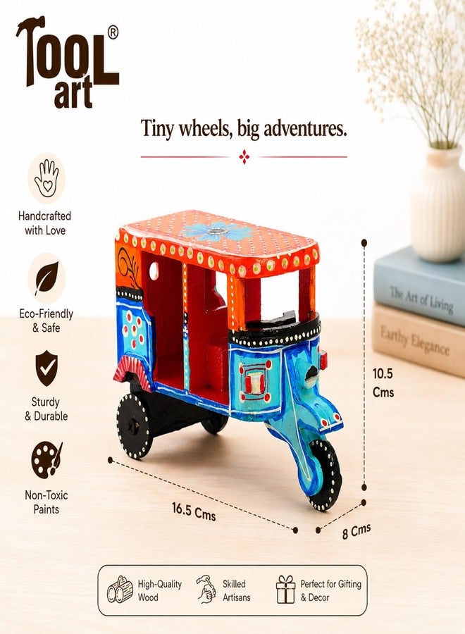 Toolart® Wooden Handcrafted Hand-Painted Auto Rickshaw Toy for Kids | Traditional Push & Pull Wooden Toy Showpiece | Best Birthday Return Gift (Small_Auto_Parent) (09) - Image 2