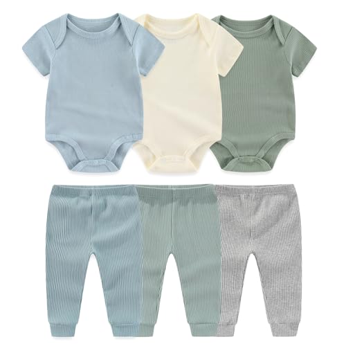 Ruliby Baby Boy Bodysuit and Pant Set Ribbed Soft Infant Girl Clothes Outfits 03 month - Image 1