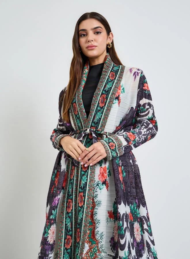 تايك تو Printed Textured Pleated Open Front Abaya