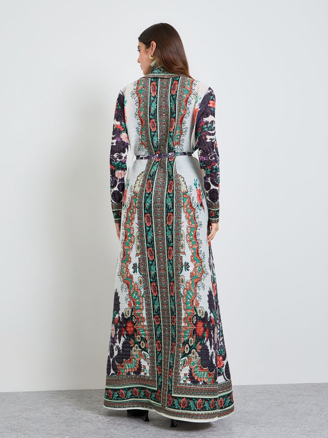 Take Two Printed Textured Pleated Open Front Abaya - Image 5