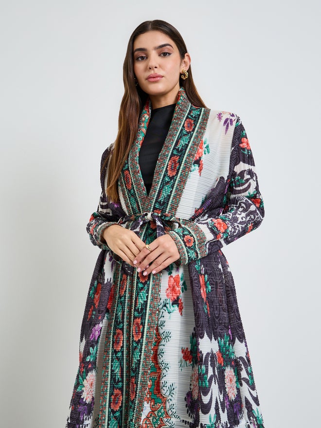 Take Two Printed Textured Pleated Open Front Abaya - Image 2