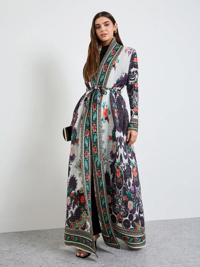 Take Two  Printed Textured Pleated Open Front Abaya for Women | Best Price UAE
