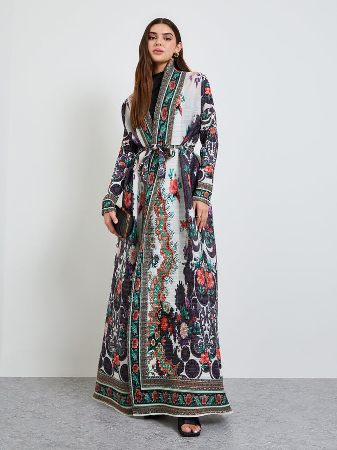 Take Two Printed Textured Pleated Open Front Abaya - Image 1