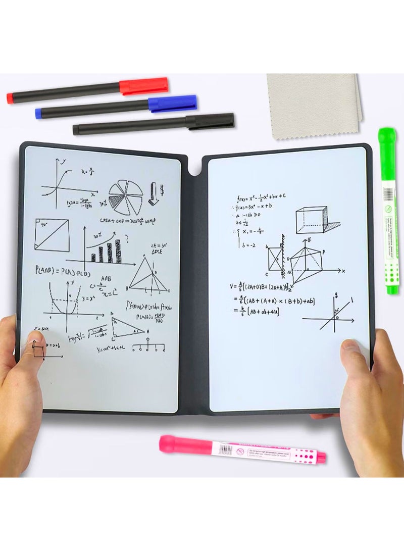 A5 Mini Whiteboard with 3 Colour White Board Markers, 1 Sponge and 1 Wipe, Double-Sided Portable Mini Writing Board, Wipe Clean with PU Cover for Office, School, Blue - Image 3