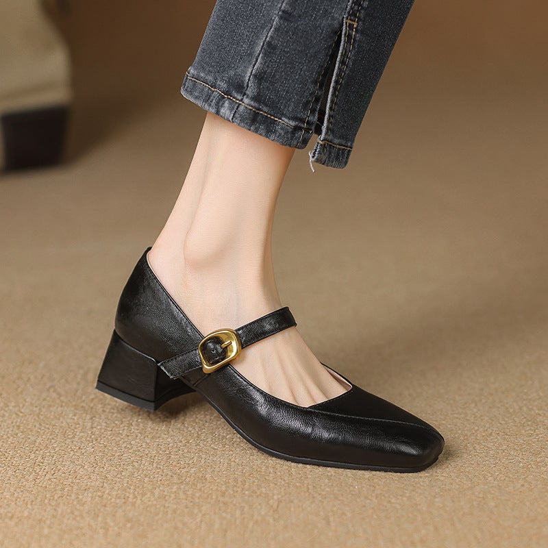 Lazada Foreign Single Early Spring Mid-Heel 31-43 Office Square Head Buckle Shallow Mouth Single Shoes - Image 2