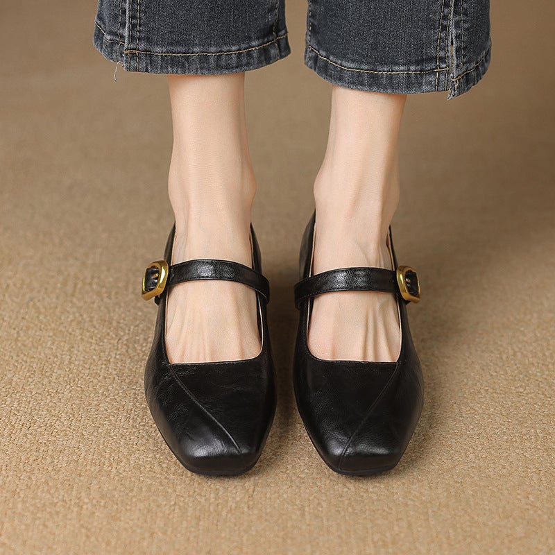 Lazada Foreign Single Early Spring Mid-Heel 31-43 Office Square Head Buckle Shallow Mouth Single Shoes - Image 3