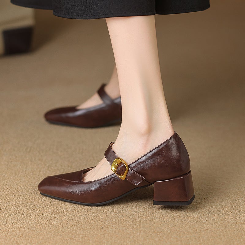 Lazada Foreign Single Early Spring Mid-Heel 31-43 Office Square Head Buckle Shallow Mouth Single Shoes - Image 5