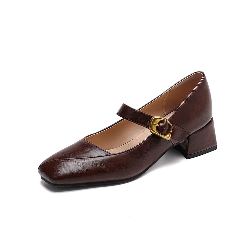 Lazada Foreign Single Early Spring Mid-Heel 31-43 Office Square Head Buckle Shallow Mouth Single Shoes - Image 1