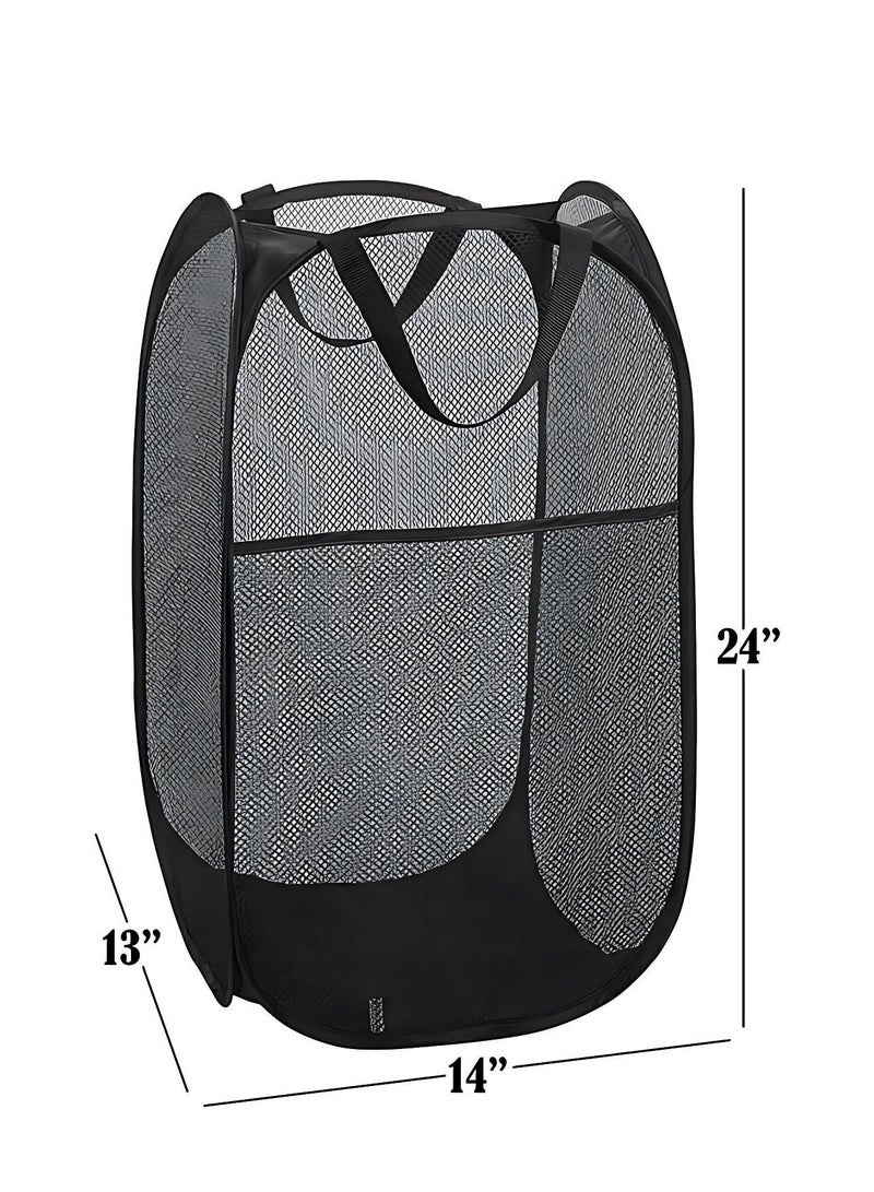 أوجا سلة الغسيل المنزلية 2 حزمة، سلة تخزين قابلة للطي، سلة غسيل شبكية قابلة للانبثاق، سلة غسيل قابلة للطي من الشبكة، سلة غسيل ملابس قابلة للطي بمقبض للحمل (أسود 2 قطعة) - Image 4