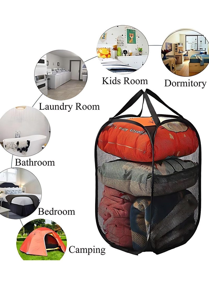 أوجا سلة الغسيل المنزلية 2 حزمة، سلة تخزين قابلة للطي، سلة غسيل شبكية قابلة للانبثاق، سلة غسيل قابلة للطي من الشبكة، سلة غسيل ملابس قابلة للطي بمقبض للحمل (أسود 2 قطعة) - Image 5