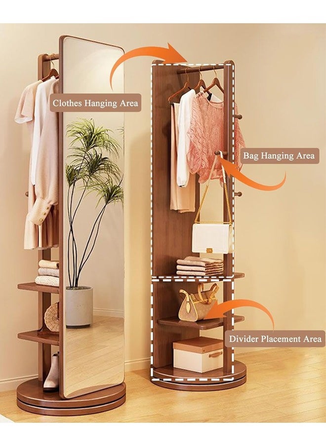 Full Length Mirror 360° Rotating, 2-in-1 Floor Mirror and Coat Rack for Bedroom and Living Room 166x56cm - Brown