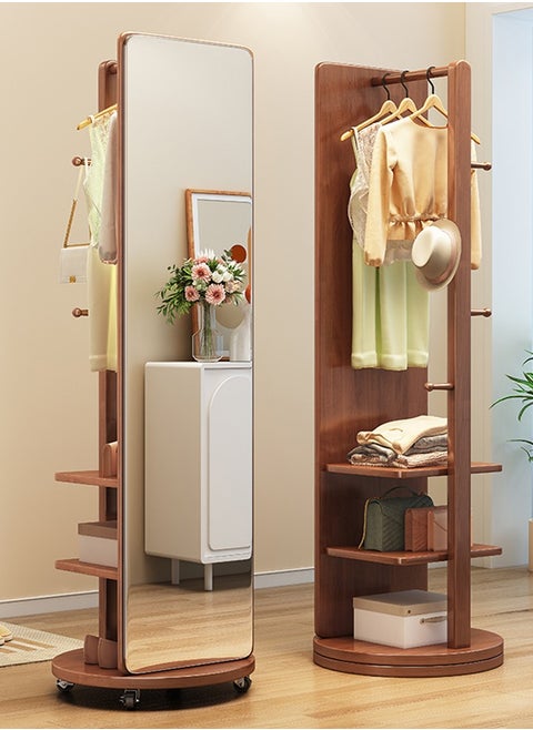 Full Length Mirror 360° Rotating, 2-in-1 Floor Mirror and Coat Rack for Bedroom and Living Room 166x56cm - Brown