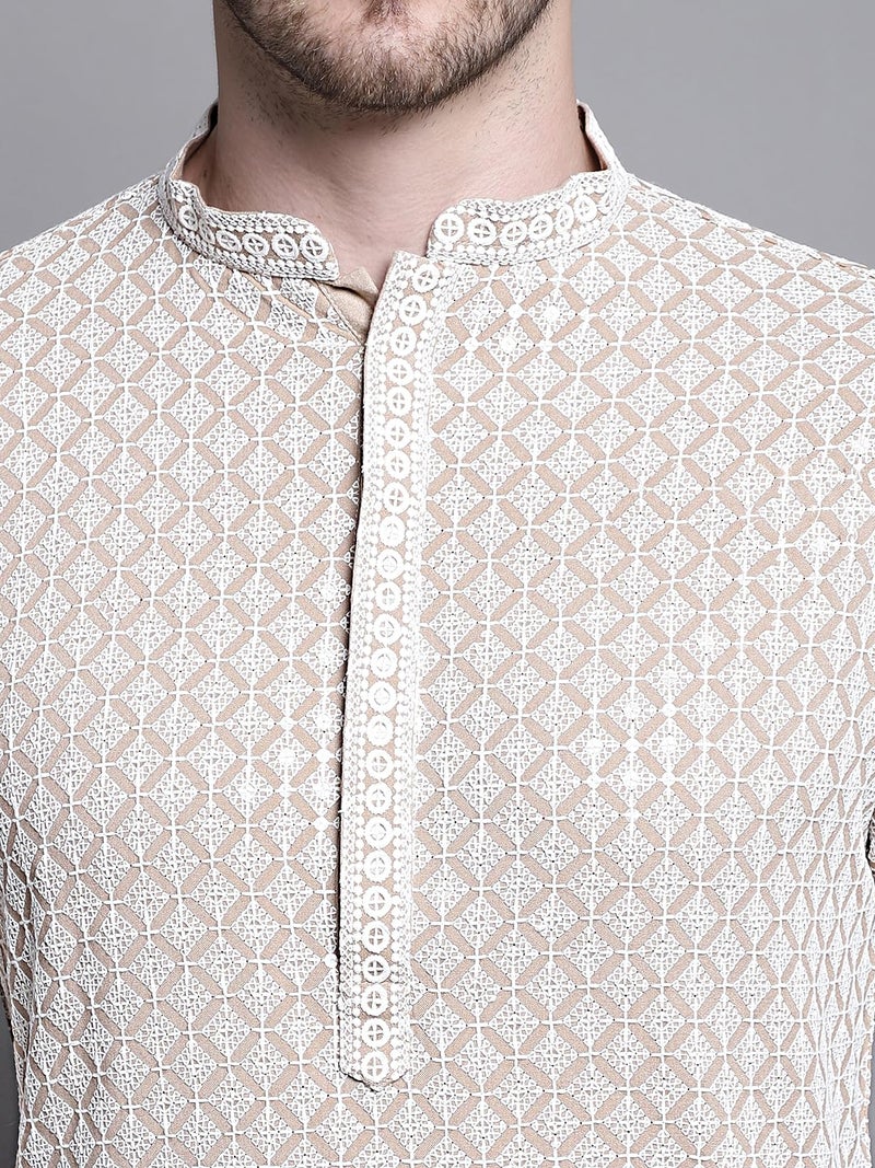 Jompers Men Sequin Embroidered Pure Cotton Kurtas (Beige, S) - Image 5