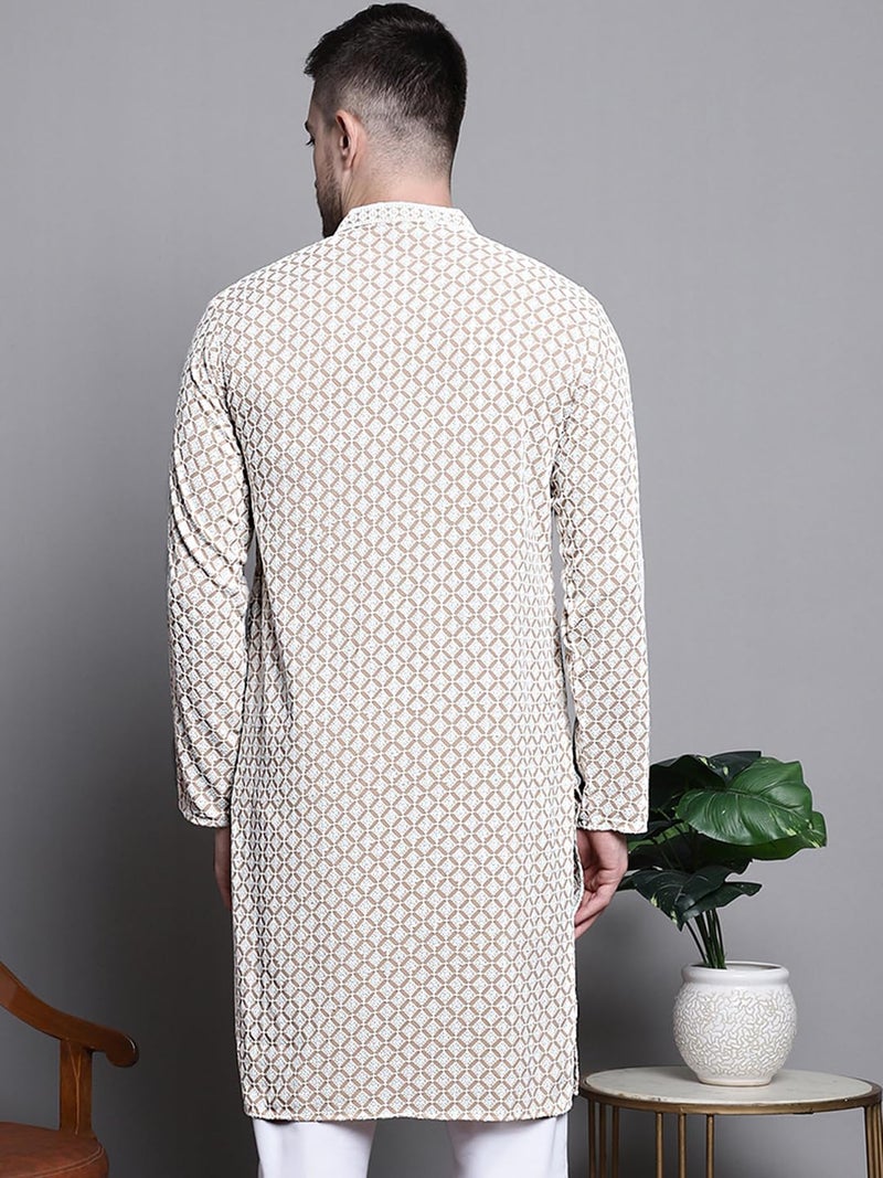 Jompers Men Sequin Embroidered Pure Cotton Kurtas (Beige, S) - Image 2