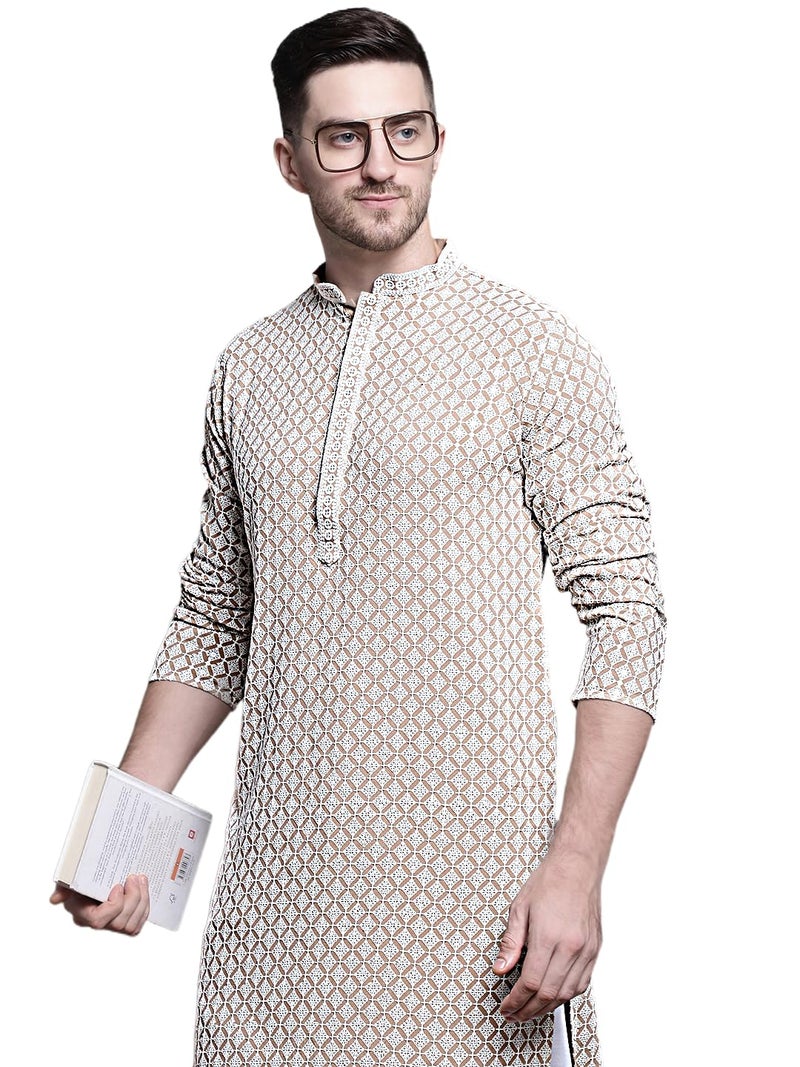 Jompers Men Sequin Embroidered Pure Cotton Kurtas (Beige, S) - Image 1