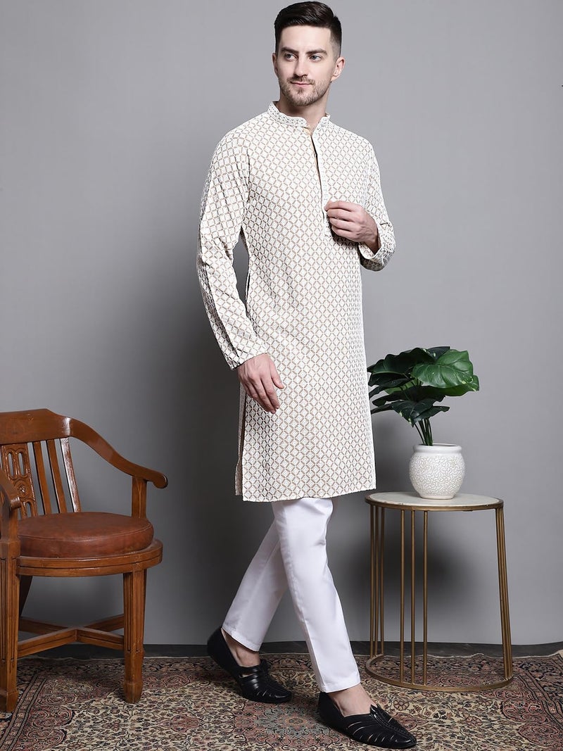 Jompers Men Sequin Embroidered Pure Cotton Kurtas (Beige, S) - Image 4