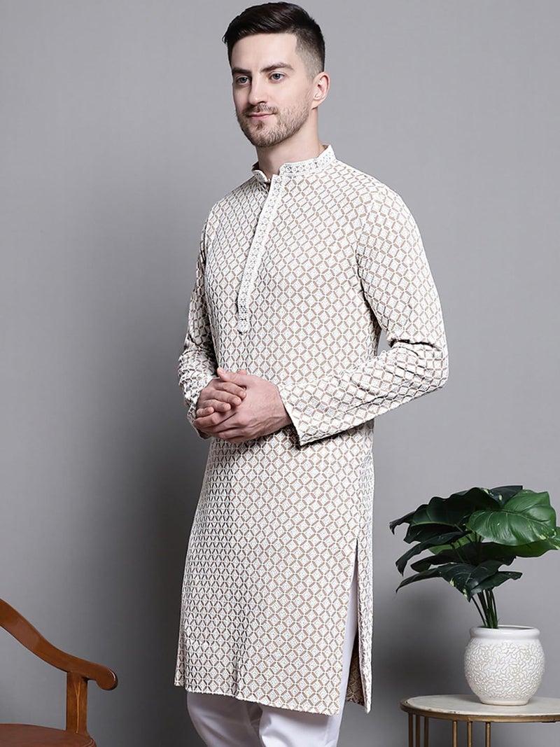 Jompers Men Sequin Embroidered Pure Cotton Kurtas (Beige, S) - Image 3