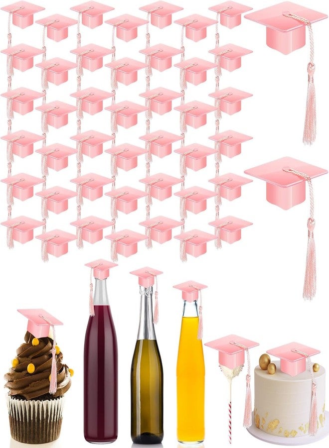 Qunclay 60 Pieces Mini Graduation Cap Pink Hats with Pink Tassels Plastic Grad Cake Supplies Cover Toppers for Graduation Party Decorations - Image 1