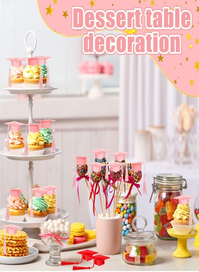 Qunclay 60 Pieces Mini Graduation Cap Pink Hats with Pink Tassels Plastic Grad Cake Supplies Cover Toppers for Graduation Party Decorations - Image 2