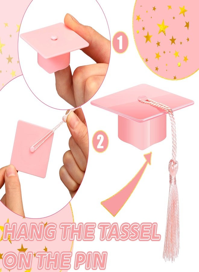 Qunclay 60 Pieces Mini Graduation Cap Pink Hats with Pink Tassels Plastic Grad Cake Supplies Cover Toppers for Graduation Party Decorations - Image 4