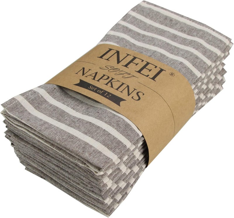 INFEI Broad Striped Cotton Blended Dinner Cloth Napkins  Set of 12 40 x 30 cm  for Events  Home Use Brown - Image 1