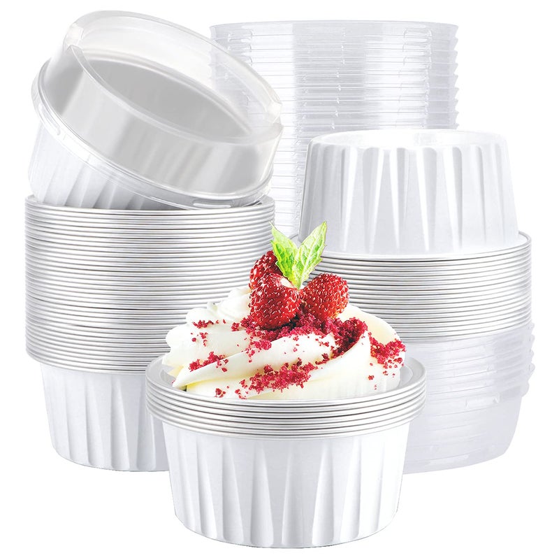EUSOAR Cupcake Cups with Lids 5oz 50pcs Disposable Desserts Flan 334x259x235 Baking Cups with Lids Aluminum Foil Desserts Cupcake Flan Catering Gathering Shower FavorWhite