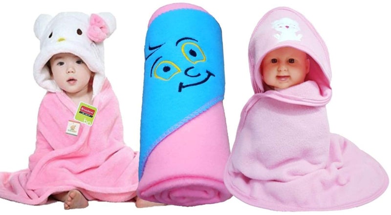 BRANDONN Combo of Printed Shawl Spread, Hooded Cute Blanket & Premium Baby Blanket Cum Wraping Towel (Pack of 3, Pink & White) - Image 1