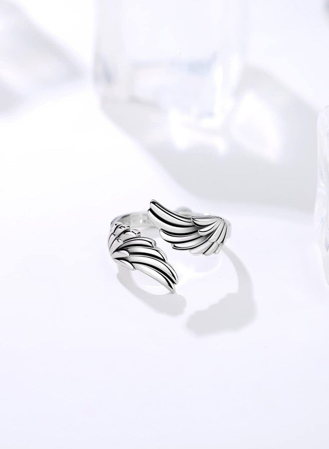 YLT 925 Sterling Silver Feather Angel Wings Ring Adjustable Dainty Wrap Open Thumb Rings for Women (6#7#8#9#, Oxidize) - Image 3