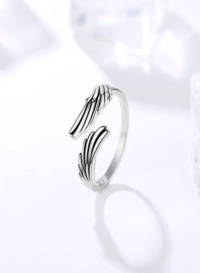 YLT 925 Sterling Silver Feather Angel Wings Ring Adjustable Dainty Wrap Open Thumb Rings for Women (6#7#8#9#, Oxidize) - Image 4