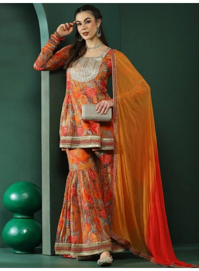 AKS Multicolor Floral Print Kurta Sharara With Dupatta