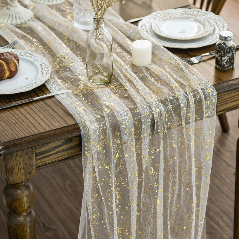 Artoid Mode 3Pcs Beige Gold Gauze Table Runner 120 Inch 10FT, Glitter Metallic Foil Sheer Dining Wedding Anniversary Holiday Birthday Table Decor for Home Party - Image 1