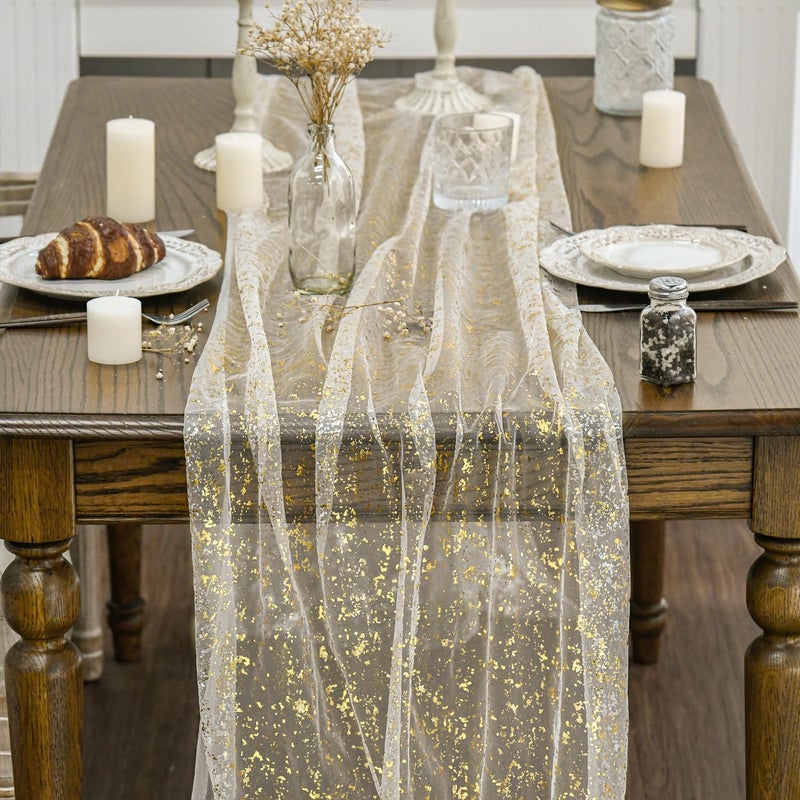 Artoid Mode 3Pcs Beige Gold Gauze Table Runner 120 Inch 10FT, Glitter Metallic Foil Sheer Dining Wedding Anniversary Holiday Birthday Table Decor for Home Party - Image 2