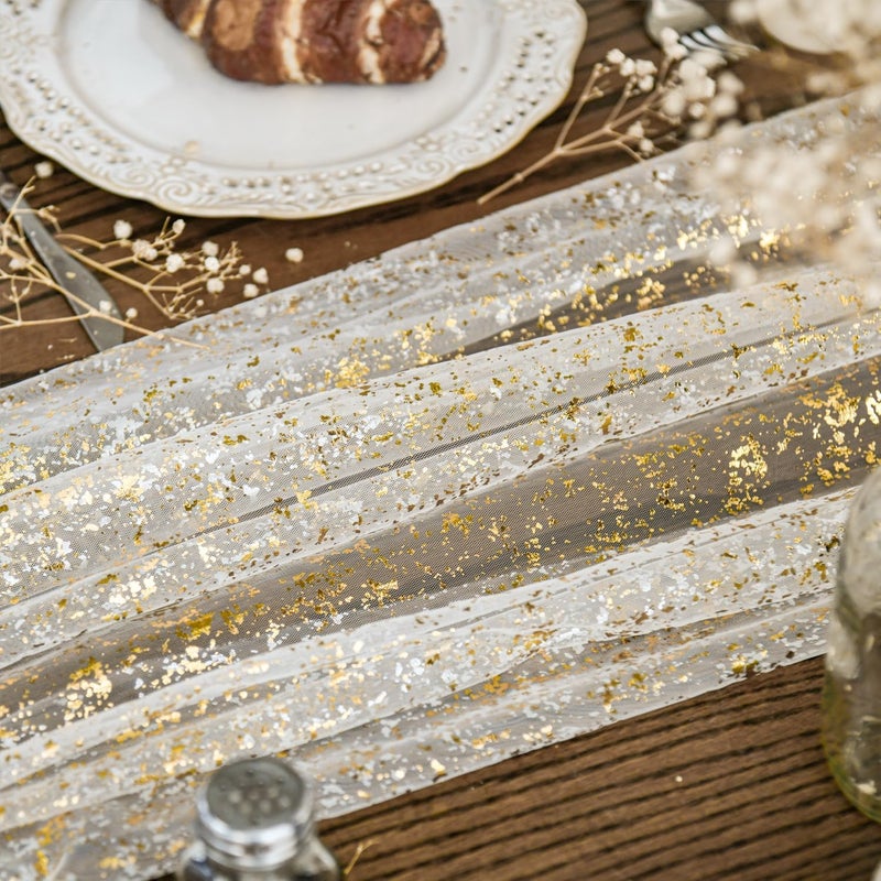 Artoid Mode 3Pcs Beige Gold Gauze Table Runner 120 Inch 10FT, Glitter Metallic Foil Sheer Dining Wedding Anniversary Holiday Birthday Table Decor for Home Party - Image 3