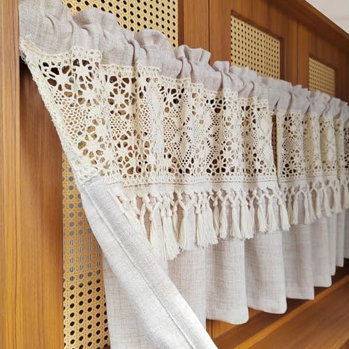 AiFMQQ Boho Crochet Lace Sheer Valances for Window Kitchen Vintage Macrame Valances with Tassels for Dining Room Living Room Farmhouse Rustic Crochet Curtain Valance Rod Pocket 1 Panel (W39 L20 inch,Beige) - Image 4
