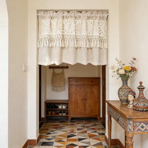AiFMQQ Boho Crochet Lace Sheer Valances for Window Kitchen Vintage Macrame Valances with Tassels for Dining Room Living Room Farmhouse Rustic Crochet Curtain Valance Rod Pocket 1 Panel (W39 L20 inch,Beige) - Image 2