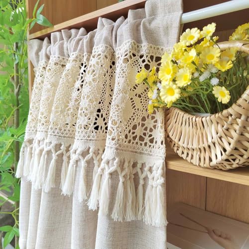 AiFMQQ Boho Crochet Lace Sheer Valances for Window Kitchen Vintage Macrame Valances with Tassels for Dining Room Living Room Farmhouse Rustic Crochet Curtain Valance Rod Pocket 1 Panel (W39 L20 inch,Beige) - Image 5