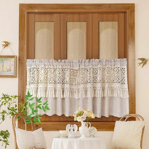 AiFMQQ Boho Crochet Lace Sheer Valances for Window Kitchen Vintage Macrame Valances with Tassels for Dining Room Living Room Farmhouse Rustic Crochet Curtain Valance Rod Pocket 1 Panel (W39 L20 inch,Beige) - Image 1