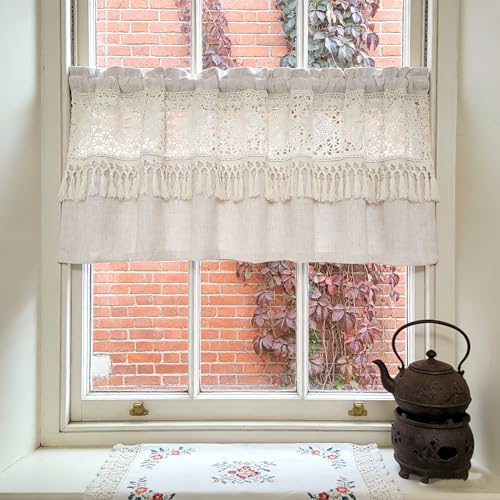 AiFMQQ Boho Crochet Lace Sheer Valances for Window Kitchen Vintage Macrame Valances with Tassels for Dining Room Living Room Farmhouse Rustic Crochet Curtain Valance Rod Pocket 1 Panel (W39 L20 inch,Beige) - Image 3