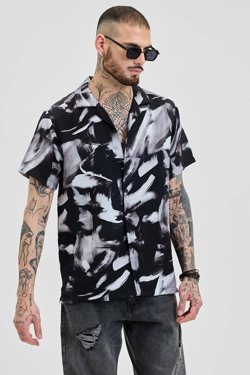 SNITCH Jet Black Abstract Half Sleeve Boxy Casual Shirt