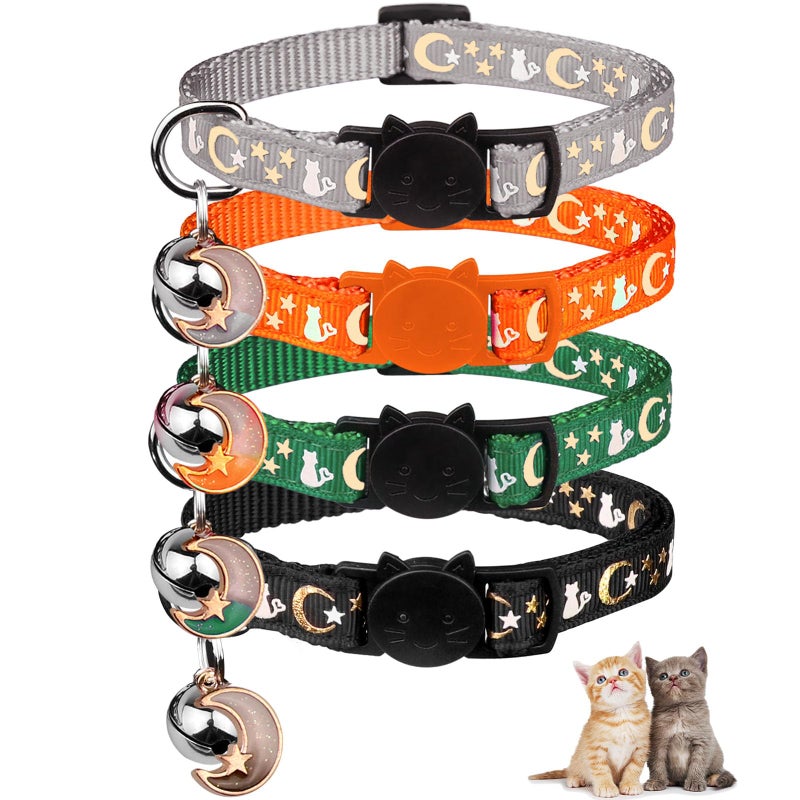 Baeuppit 4PCS Cat Collar with Bells,Breakaway Cat Collars,Kitten Collar with Bell Moons Stars Cute Kitty Safe Kitten Collars with Pendant,Cat Collars for Boy Cats 6.9-10.7 Inch(Black&Grey&Deep Green&Orange) - Image 1