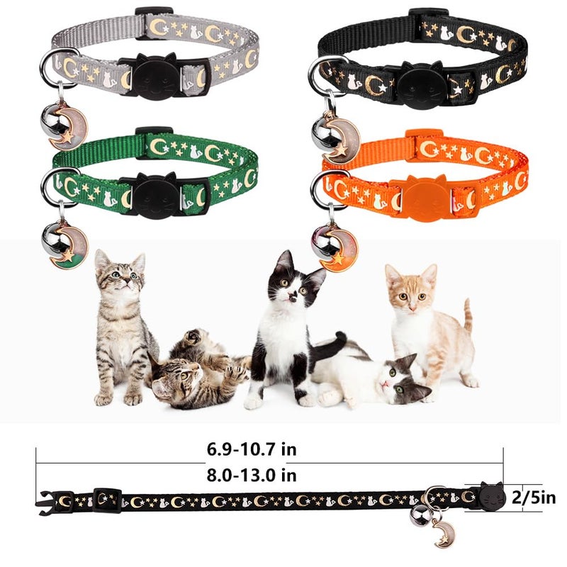 Baeuppit 4PCS Cat Collar with Bells,Breakaway Cat Collars,Kitten Collar with Bell Moons Stars Cute Kitty Safe Kitten Collars with Pendant,Cat Collars for Boy Cats 6.9-10.7 Inch(Black&Grey&Deep Green&Orange) - Image 5