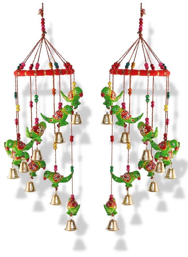JH Gallery Handcrafted Rajasthani Colored Bell Hangings for Home Decoration Design Wall Hanging Decorative Showpiece (Green Parrot) - Image 1