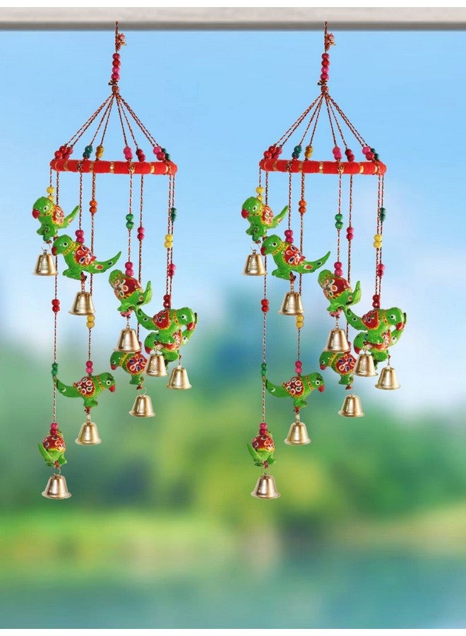 JH Gallery Handcrafted Rajasthani Colored Bell Hangings for Home Decoration Design Wall Hanging Decorative Showpiece (Green Parrot) - Image 2