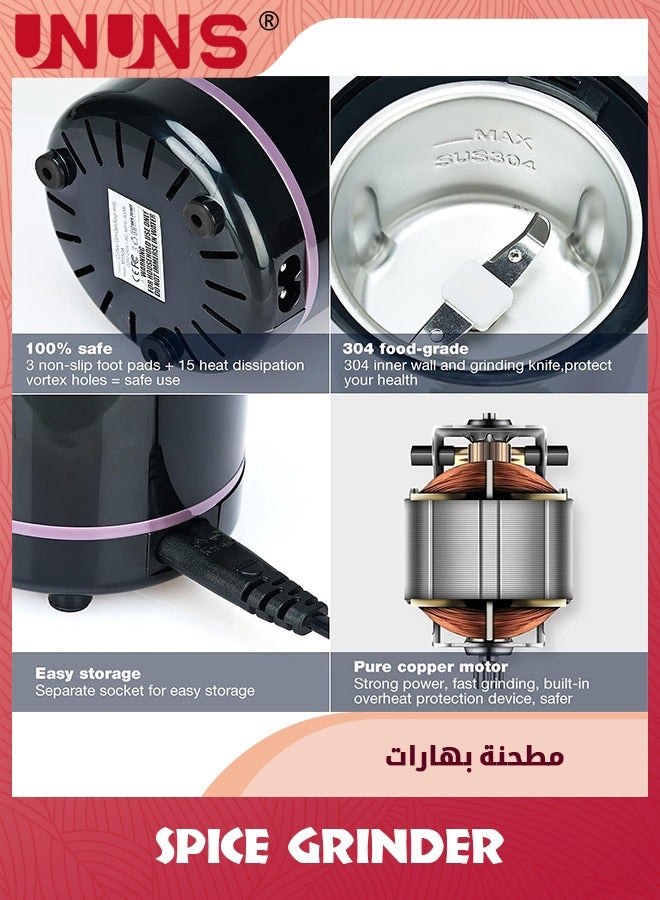 UNUNS Electric Coffee Grinder,Mini 50g Large Capacity Herb Spice Grinder With 2 Stainless Steel Blades,150W Pill Crusher Coffee Bean Grinder For Coffee Beans/Nuts/Seeds/Peanuts/Grains/Spices,Black - Image 2