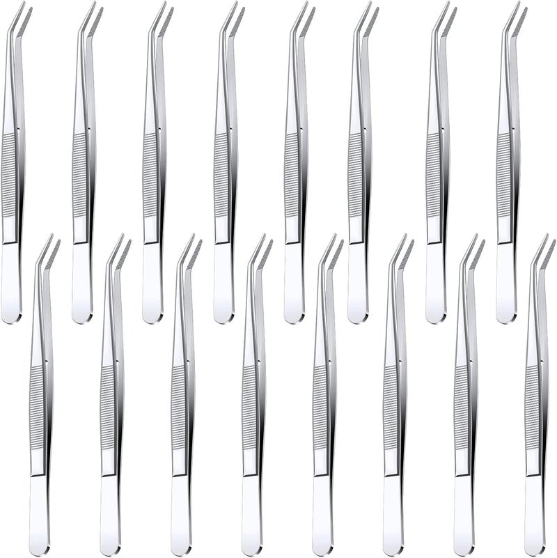 Honoson Stainless Steel Tweezers with Curved Serrated Tip Multipurpose Tweezers Sewing Machine Tweezers Forceps Tweezers for Craft, Silver (16) - Image 1